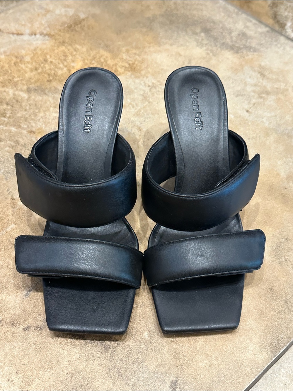 Open Edit Women’s Black Double Strap Square-Toe Slide Sandals